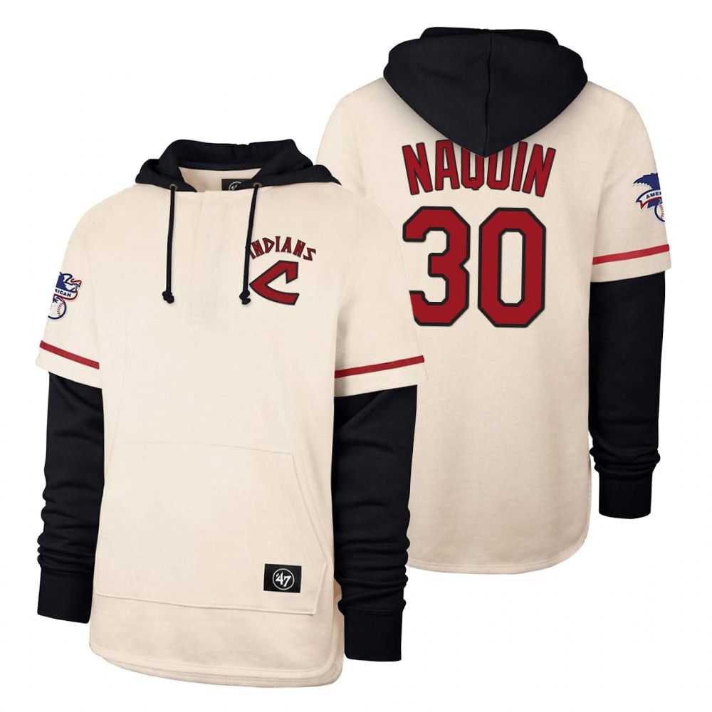 Men Cleveland Indians 30 Naquin Cream 2021 Pullover Hoodie MLB Jersey